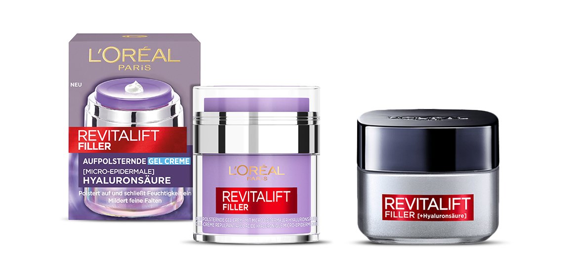 Produktabbildungen von drei L'Oréal Revitalift Fillfer Produkten